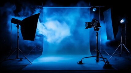 Blue-lit studio setup with camera and lighting equipment against a backdrop with smoke