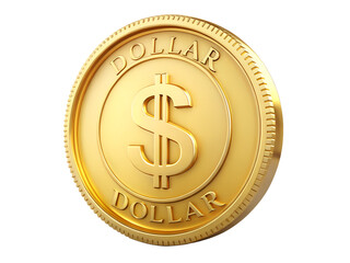 Golden dollar coin with dollar sign isolated on transparent background