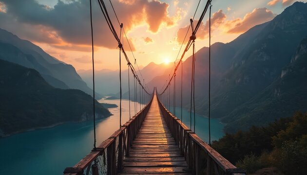 Wooden suspension bridge spans river valley during vibrant sunrise. Majestic mountains, colorful sky, tranquil water create breathtaking natural landscape. Perfect for adventure travel, exploration,