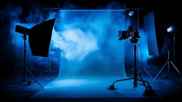 Blue-lit studio setup with camera and lighting equipment against a backdrop with smoke
