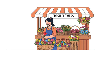 Obraz premium Blooming Business: A cheerful florist meticulously arranges vibrant blooms at an inviting flower stand. The image, rendered with an illustration style, captures the essence of fresh.
