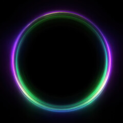 Glowing neon circle with vibrant purple, green, and blue light on black background, creating futuristic and energetic abstract design