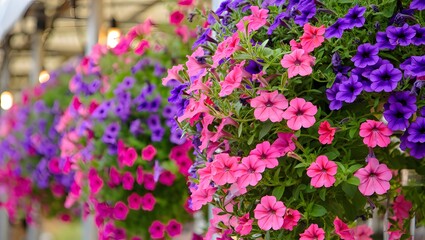 Fototapeta premium Vibrant Pink and Purple Petunia Hanging Baskets in Greenhouse Blooming Display