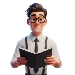 3d character of a man with glasses reading a book smart and studious transparent background