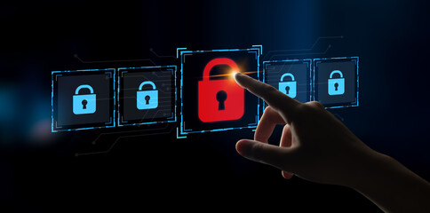 Digital security concept illustrating a cybersecurity breach, with a red unlocked padlock...