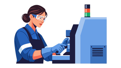 Female Engineer with Industrial Machinery: A focused female engineer skillfully operates a large industrial machine, donned in protective eyewear and gloves.