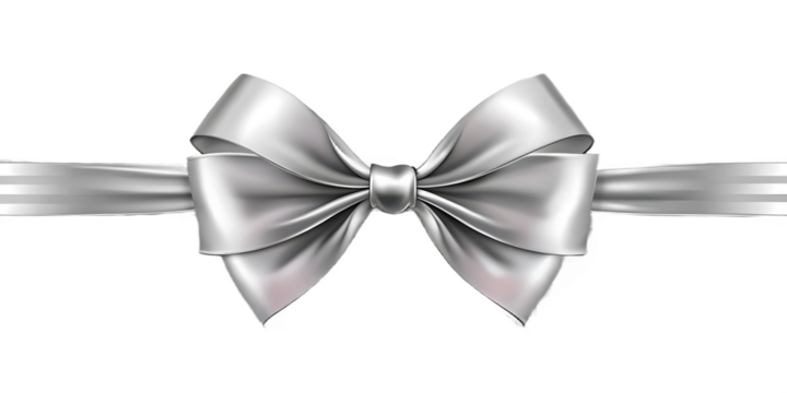Silver satin ribbon bow with textured edges isolated on a transparent background
