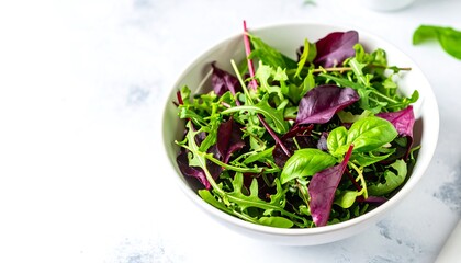 Delicious fresh salad with green and red leaf lettuce in a white bowl