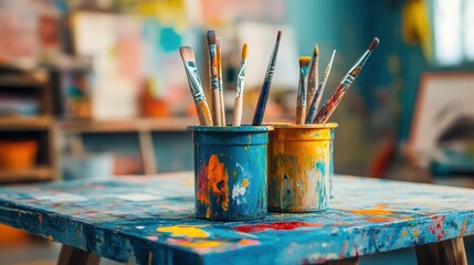 Vibrant Artist Workspace with Paintbrushes in Colorful Containers