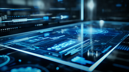 Futuristic holographic digital interface. High-tech blue-toned technology with data visualization. Ideal for innovation and cybersecurity concepts.