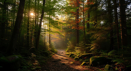 Obraz premium A sunlit path winds through a dense forest with tall trees and lush green foliage in the foreground ai generated