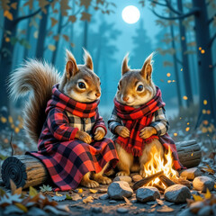 Two squirrels are sitting on a log beside a crackling campfire in an autumn moonlit forest 