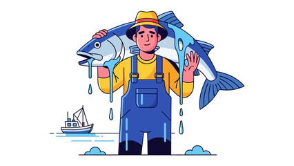 Fisherman's Bounty: A cheerful fisherman proudly displays his abundant catch, a large fish, representing the fruits of labor and the bounty of the sea.