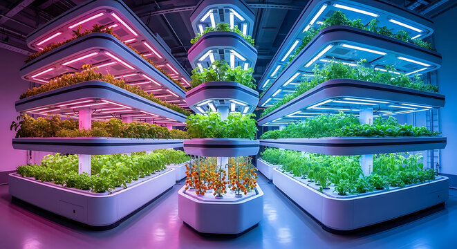 A futuristic indoor vertical farm with tiered platforms and led lighting for plant cultivation ai generated