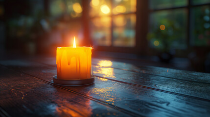 Warm glowing candle on wooden table. Intimate sunset ambiance with soft light. Ideal for relaxation, home decor, and mood settings.
