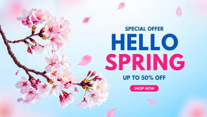 Spring sale banner design template with realistic sakura. Discount background.