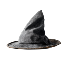 Hat with a pointy top and a gray brim