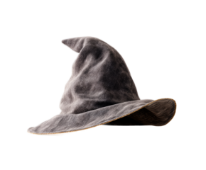 Gray hat with a pointy top and a fuzzy bottom