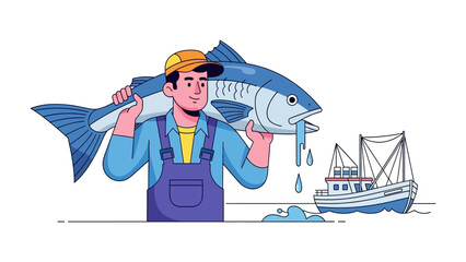Fishing Success: A vibrant illustration captures a fisherman proudly displaying a large fish, celebrating a bountiful catch near his vessel, an embodiment of rewarding labor.