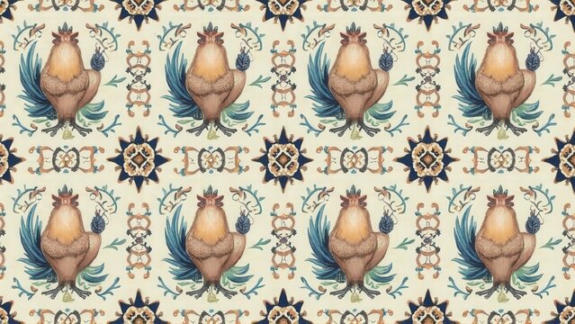 Vintage Rooster Pattern with Detailed Illustrations and Soft Color Palette Suitable for Textiles, Wallpaper, and Home Decor - Powered by Adobe