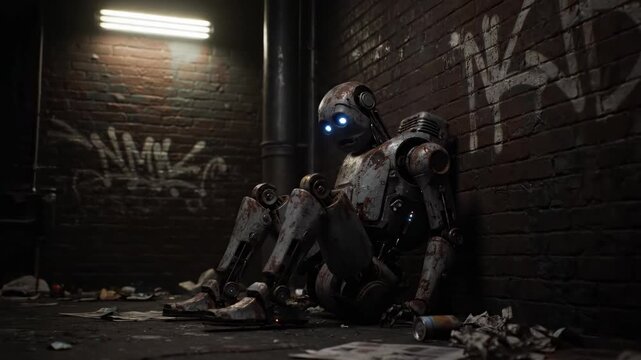 Lonely Robot in Urban Alleyway at Night - A rusty, weathered robot sits alone in a dark, graffiti-covered urban alleyway at night.