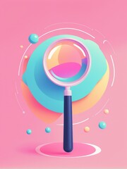 A magnifying glass reveals colorful abstract shapes with playful spheres against a pink backdrop
