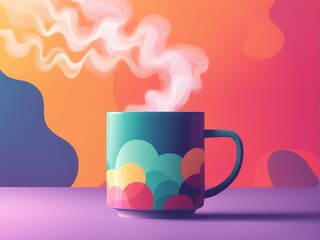 A colorful coffee cup with steaming hot beverage on a pastel gradient background