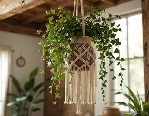 A macramé plant hanger suspended from the ceiling, featuring lush green trailing plants. 