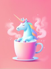 A serene unicorn enjoying a warm beverage in a cup filled with pink liquid