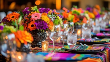 Vibrant Floral Centerpieces and Elegant Table Setting for Celebration