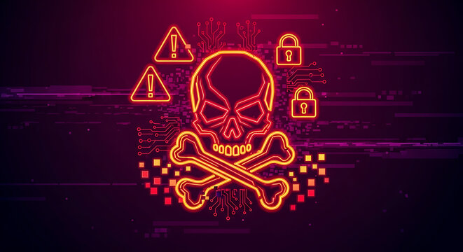 Glowing neon skull with crossbones symbolizing cyber attack malware and hacking threats with warning signs and digital locks representing security breach and online danger