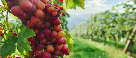 Close-up of red grapes growing on vine in vineyard landscape during harvest season, wine production and winemaking process, agriculture and farming