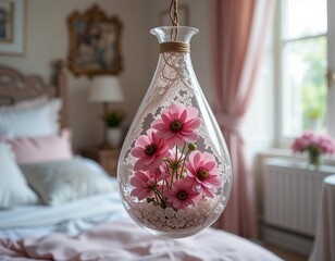 A glass terrarium, shaped like a teardrop, hangs suspended from a natural rope tied at the top. 