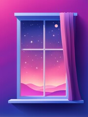 A peaceful night viewed through a window with pink and purple hues reflecting on the inside