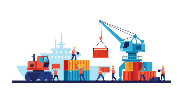 Global Trade Dynamics: A vivid vector illustration captures the bustle of international trade, showcasing dockworkers meticulously handling cargo containers in a busy port environment.