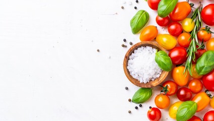 Food cooking background on white stone table. Fresh vegetables, herbs and spices. Long banner format with space for text.