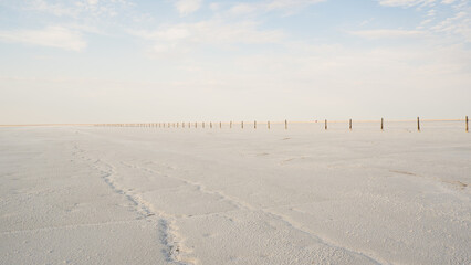 White salt desert lake Baskunchak, Astrakhan region, Russia.