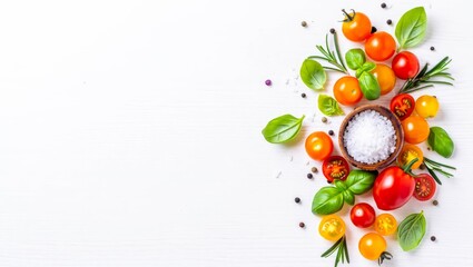 Food cooking background on white stone table. Fresh vegetables, herbs and spices. Long banner format with space for text.