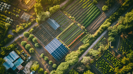 Aerial view of lush farmland. Organized crop fields with solar panels. Ideal for agriculture, sustainability, and rural landscapes.