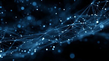 Dynamic abstract network of glowing blue lights and connections symbolizing data, technology, and futuristic innovation against a dark background