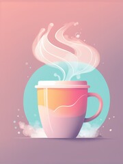 A stylized coffee cup with a soft pink and turquoise background emitting steam in a pastel setting