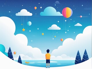 A child observes a fantastical night sky filled with balloons and stars
