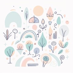 A whimsical collection of plantlike figures and shapes in pastel colors