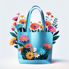 A paper floweradorned blue tote bag against a white background
