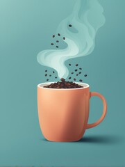 A cup of steaming coffee with beans spilling out against a teal backdrop