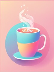 A warm beverage in a colorful cup with steam rising from it on a pink gradient background