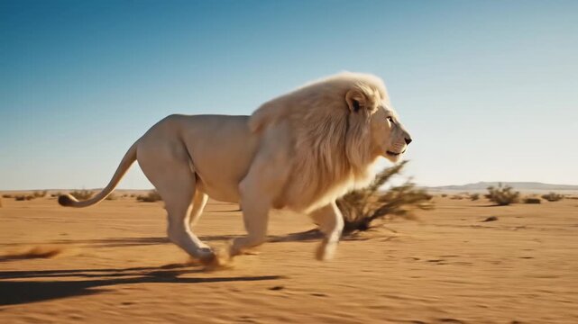Majestic White Lion Running in Desert - A powerful white lion with a full mane runs gracefully across a sandy desert landscape under a clear blue sky.