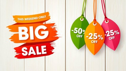 Big autumn sale offer, banner template. Colored maple leaf with lettering.