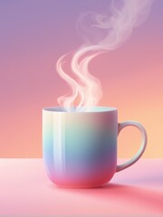 A gradientcolored mug emitting steam against a pastel pink background