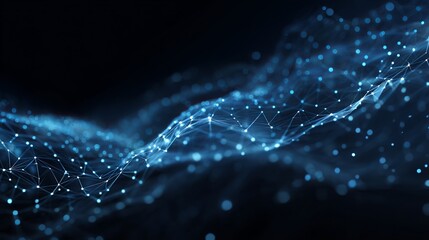Dynamic glowing blue network connections pulse across dark digital space, representing data flow and futuristic technology concepts.